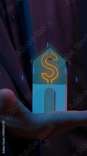 Businessman shows house model with glowing up arrows and dollar sign. finance and banking about development, investment ideas about real estate companies, financial success and growth concept.