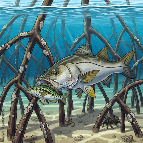 Snook attacking baitfish in mangrove habitat, illustration.