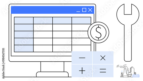 Financial analysis, budgeting tools, technology solutions, accounting concepts, digital finance, data management. Image of computer screen with spreadsheet, dollar icon, calculator and wrench