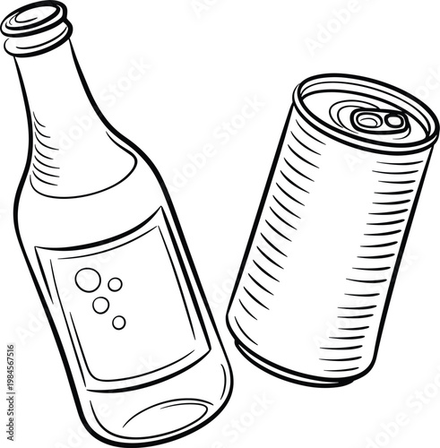 Hand drawn soda bottle and aluminum can vector, beverage sketch illustration, carbonated drink outline icon set