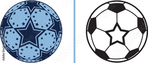 Soccer ball vector illustration set featuring star patterns and traditional football design for sports championship