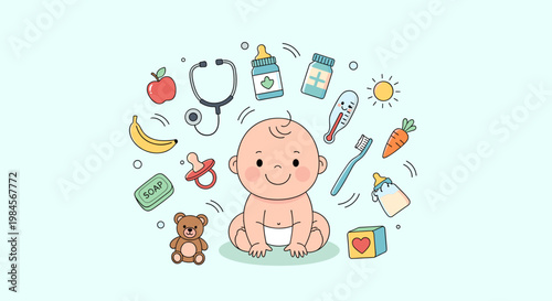 A cheerful baby surrounded by essential items for health, hygiene, and development, including a stethoscope, thermometer, toothbrush, and toys.