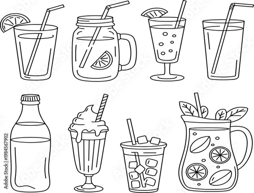 Hand drawn beverage icon set vector, summer drink sketches, lemonade soda and milkshake line art illustrations