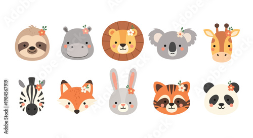 Collection of cute animal faces including sloth hippo lion koala giraffe zebra fox rabbit raccoon and panda