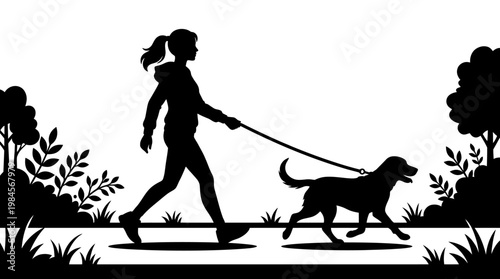 Woman Walking Dog on Leash Silhouette.