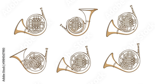 French horns in different positions.