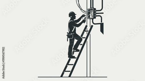 Man climbing ladder to fix equipment.