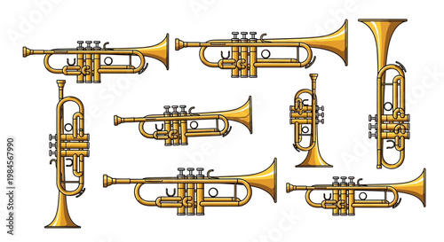 Collection of various gold trumpets instruments.