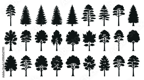 Collection of various tree silhouettes.