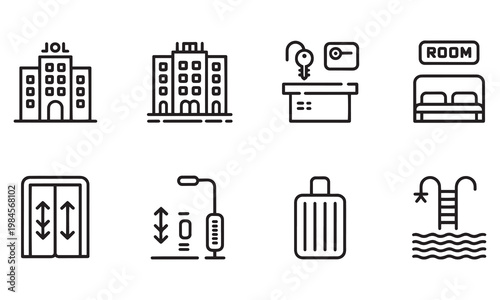 Set of hotel and accommodation icons featuring hotel buildings, room key, bed, elevator, street lamp, luggage, and swimming pool for travel themes.