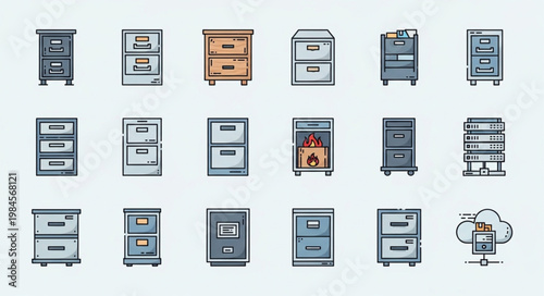 Collection of diverse filing cabinet icons in pixel art style.
