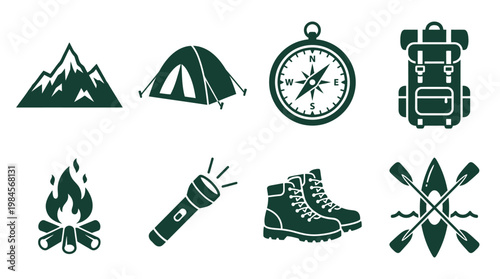 Camping gear and outdoor equipment icons.