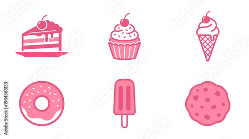 Pink dessert icons on white background.