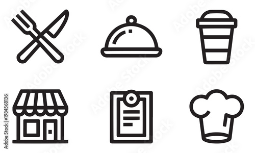 Set of restaurant and food service icons featuring crossed fork and knife, cloche, coffee cup, storefront, menu clipboard, and chef hat.