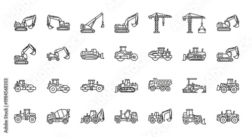 Heavy machinery industrial equipment icons.