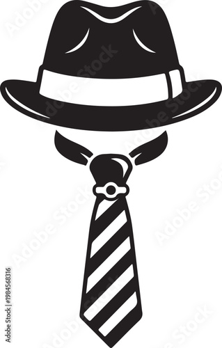 Man's fedora hat and striped tie silhouette of formal neckwear black and white vintage fashion old fashioned gentleman s club menswear accessory silhouette clothing