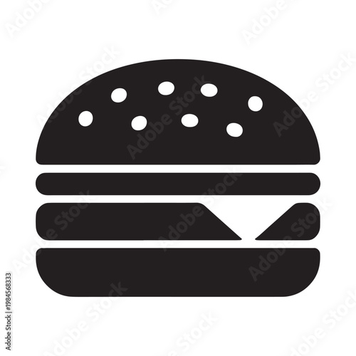 Simple black and white illustration of a classic hamburger with stacked layers