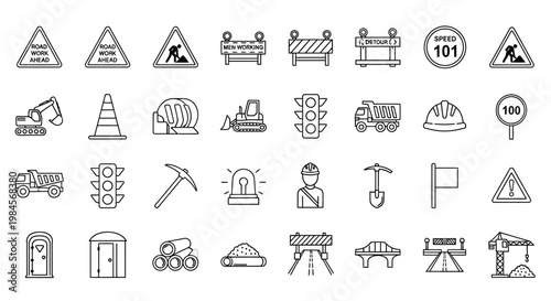 Construction signs and equipment icons.