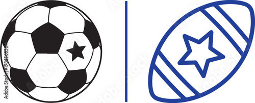 Minimalist soccer ball and American football vector icons with star details for sports branding and graphic design