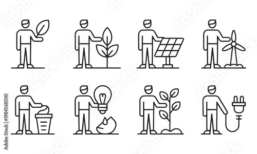 Ecofriendly lifestyle icons featuring people planting trees using solar panels and wind energy for sustainable future green technology and environmental protection concept illustrations.