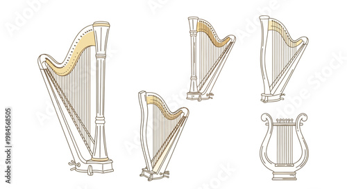 Harp musical instrument drawing set.
