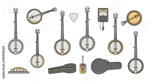 Banjo instruments and accessories collection.