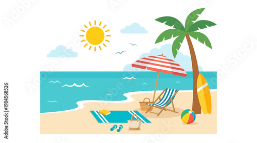 Beach scene with lounge chair umbrella.