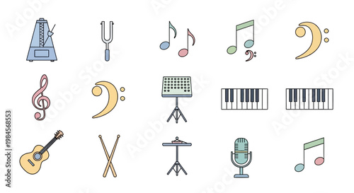 Music icons and musical instruments symbols.