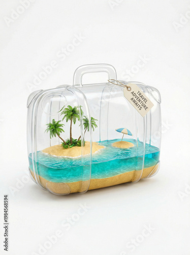 Transparent Inflatable Suitcase with Tropical Island Inside, Palm Trees and Turquoise Water, Summer Travel Concept, Surreal Vacation Design, Isolated on White Background.