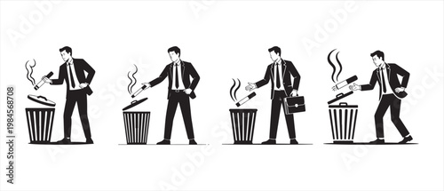 Businessman extinguishing cigarettes in trash can, depicting concept of quitting smoking and adopting a healthy lifestyle, rendered in a modern graphic vector style.