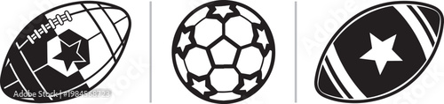 Set of black and white sports ball icons including American football and soccer ball with star patterns vector illustration for athletic branding and team logos