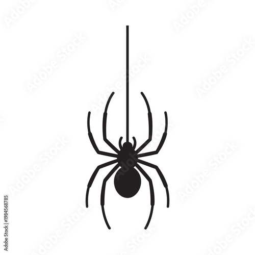 A simple black silhouette of a spider hanging from a single thread