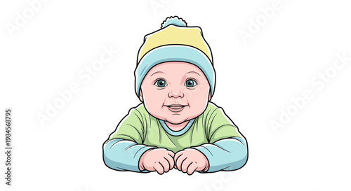 A cute baby wearing a yellow and blue hat and a green shirt, lying on its stomach and smiling.