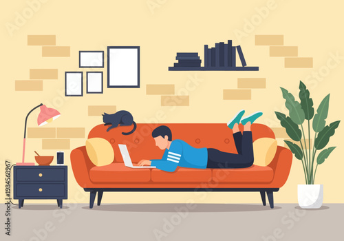 Man lying on orange sofa working on laptop with black cat. Vector illustration of home office, remote work, and cozy living room interior.