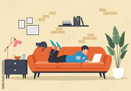 Man lying on orange sofa working on laptop with black cat. Vector illustration of home office, remote work, and cozy living room interior.