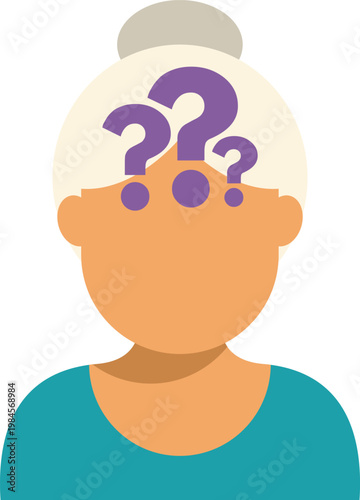 Elderly woman icon showing confusion, dementia, and forgetfulness with question marks