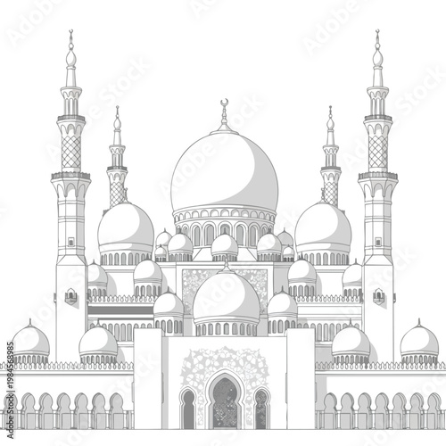 Elegant Illustration of a Grand Islamic Mosque with Minarets and Domes