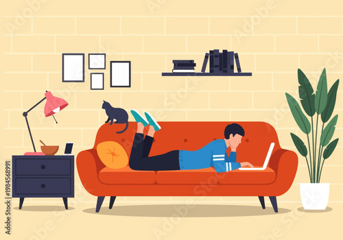 Man lying on orange sofa working on laptop with black cat. Vector illustration of home office, remote work, and cozy living room interior.