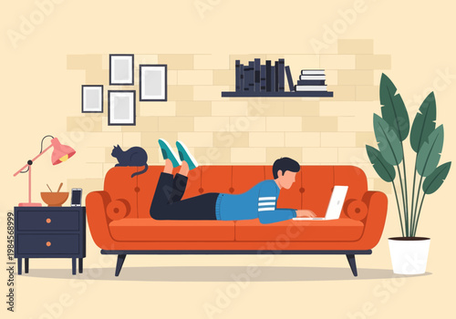 Man lying on orange sofa working on laptop with black cat. Vector illustration of home office, remote work, and cozy living room interior.