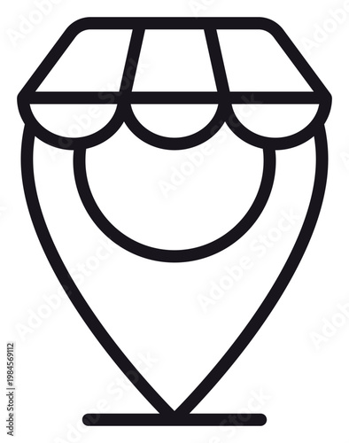 Minimalist black line vector icon of a map pin location marker with a shop awning, representing a retail store, local business, or marketplace point of interest for navigation and map apps.