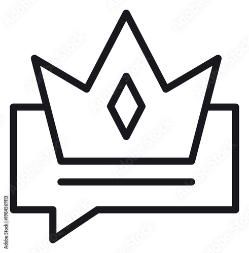 Minimalist black vector icon of a crown inside a speech bubble, symbolizing royal communication, premium feedback, or VIP chat. Clean line art illustration for luxury branding and app design.