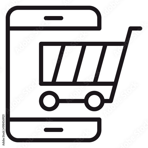 Mobile shopping vector icon illustration featuring a smartphone with an integrated shopping cart, representing e-commerce, online retail, digital business, and mobile commerce transactions on white.