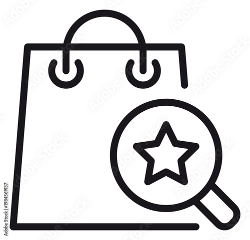 Shopping bag with magnifying glass and star vector icon, representing product search, favorite items discovery, retail commerce search feature, and premium shopping experience illustration.