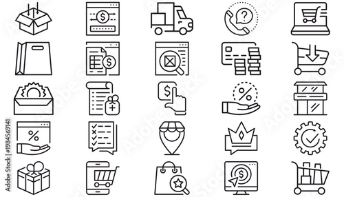 E-commerce and business vector icon set bundle featuring 25 black minimalist symbols for online shopping, logistics, finance, retail, delivery, customer support, payments, marketing, and web design.