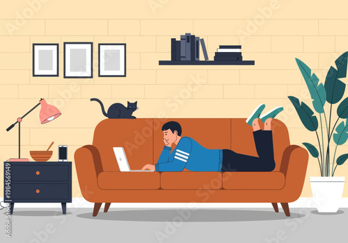 Man lying on orange sofa working on laptop with black cat. Vector illustration of home office, remote work, and cozy living room interior.
