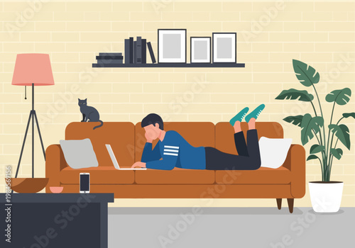 Man lying on orange sofa working on laptop with black cat. Vector illustration of home office, remote work, and cozy living room interior.