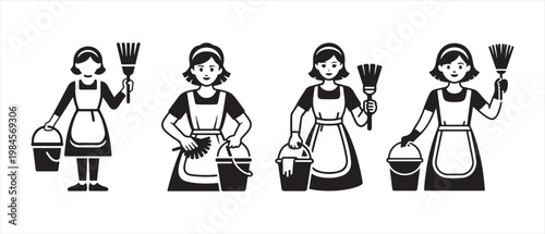 Professional Housekeeping and Maid Service Worker Icons. with Cleaning Tools in Flat Black and White Illustration Style.