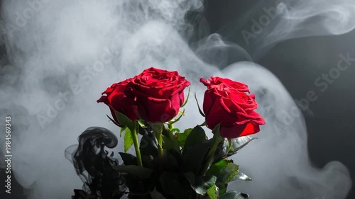 Vivid red roses emerge from a bed of black ink amidst billowing white smoke on a dark background