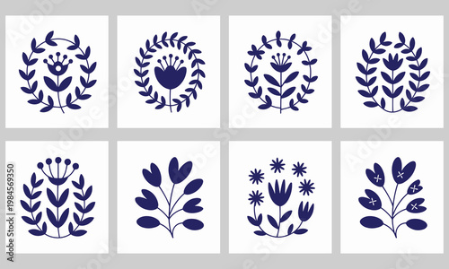 Eight circular floral compositions and stylized bouquets in deep blue color. Decorative foliage wreaths and botanical motifs on white backgrounds. Art.