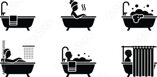 Detailed silhouette of a person soaking in a bubbly bathtub with foam and flowing water